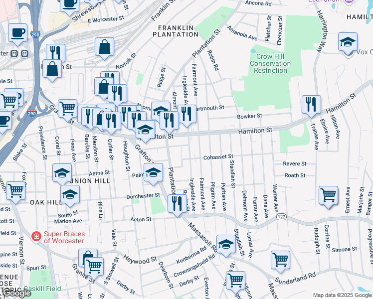 map of restaurants, bars, coffee shops, grocery stores, and more near 39 Caroline Street in Worcester