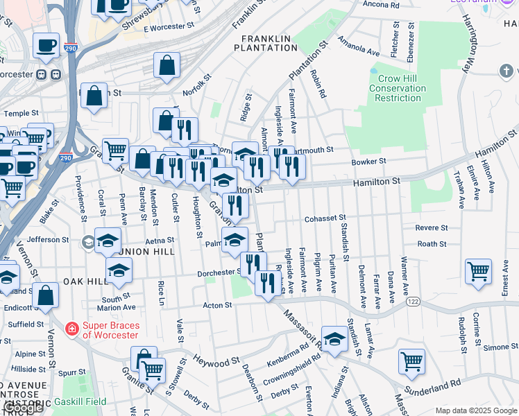 map of restaurants, bars, coffee shops, grocery stores, and more near 15 Caroline Street in Worcester