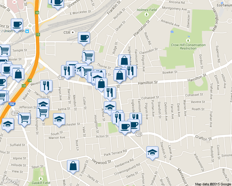 map of restaurants, bars, coffee shops, grocery stores, and more near 15 Caroline Street in Worcester