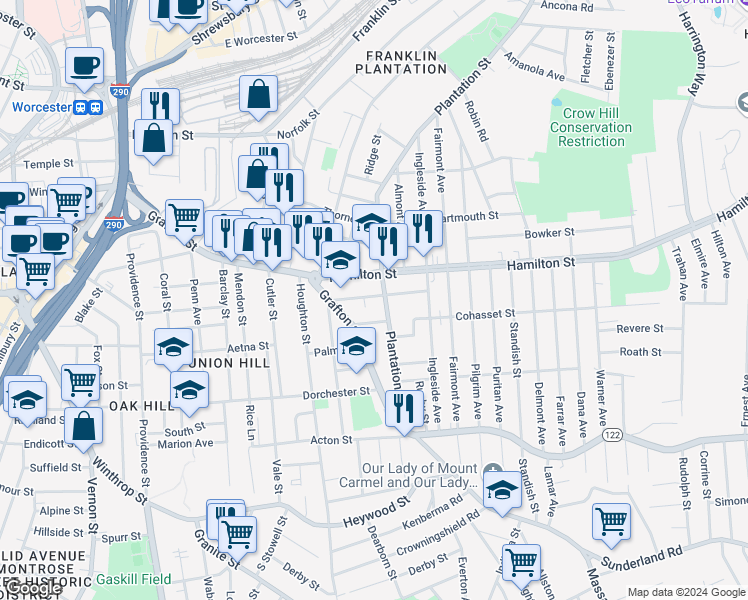 map of restaurants, bars, coffee shops, grocery stores, and more near 15 Caroline Street in Worcester