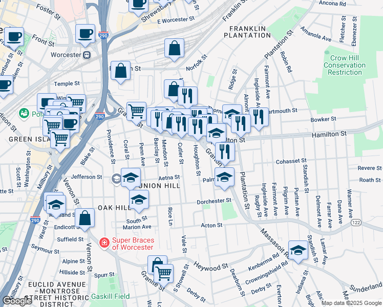 map of restaurants, bars, coffee shops, grocery stores, and more near 17 Houghton Street in Worcester