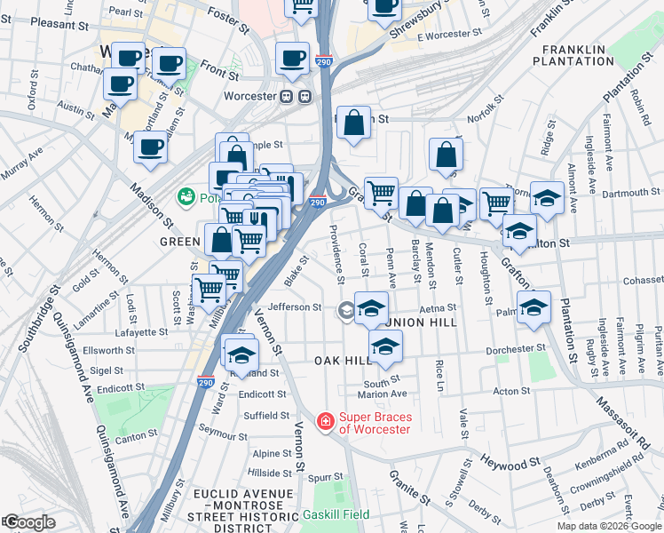map of restaurants, bars, coffee shops, grocery stores, and more near in Worcester