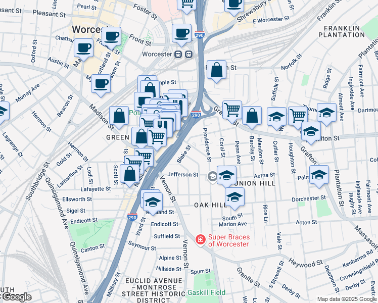 map of restaurants, bars, coffee shops, grocery stores, and more near 29 Columbia Street in Worcester