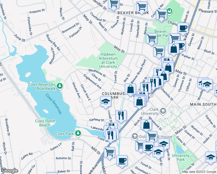 map of restaurants, bars, coffee shops, grocery stores, and more near 138 Lovell Street in Worcester