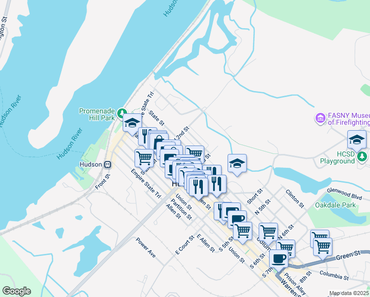 map of restaurants, bars, coffee shops, grocery stores, and more near 221-223 State Street in Hudson