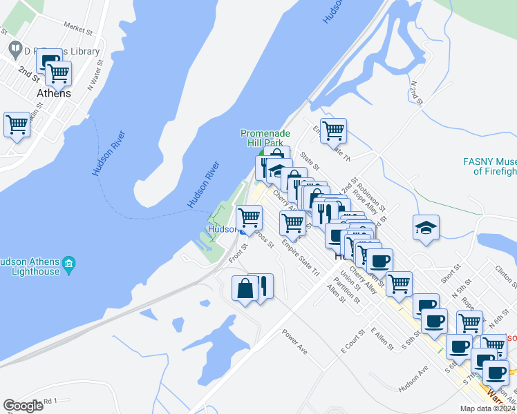 map of restaurants, bars, coffee shops, grocery stores, and more near 48 South Front Street in Hudson