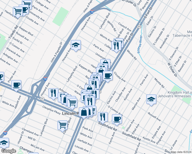 map of restaurants, bars, coffee shops, grocery stores, and more near 1465 Fort Park Boulevard in Lincoln Park