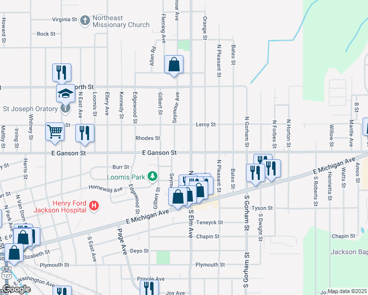 map of restaurants, bars, coffee shops, grocery stores, and more near 1502 East Ganson Street in Jackson