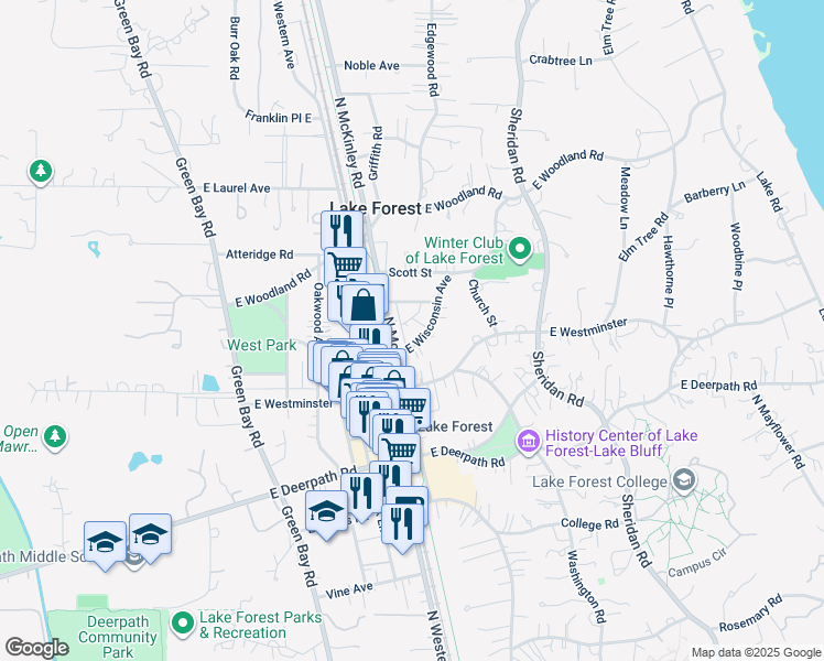 map of restaurants, bars, coffee shops, grocery stores, and more near 333 East Wisconsin Avenue in Lake Forest