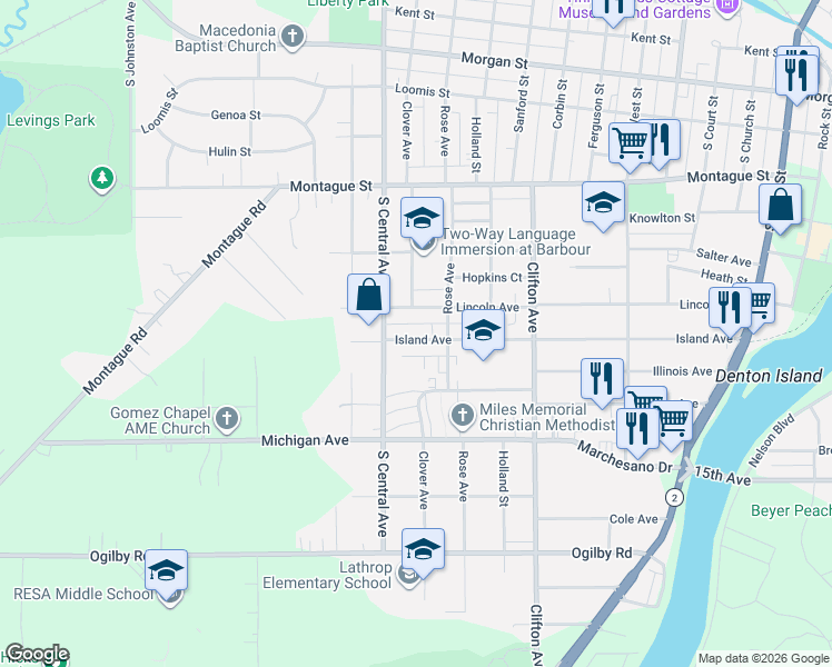 map of restaurants, bars, coffee shops, grocery stores, and more near 1203 Island Avenue in Rockford
