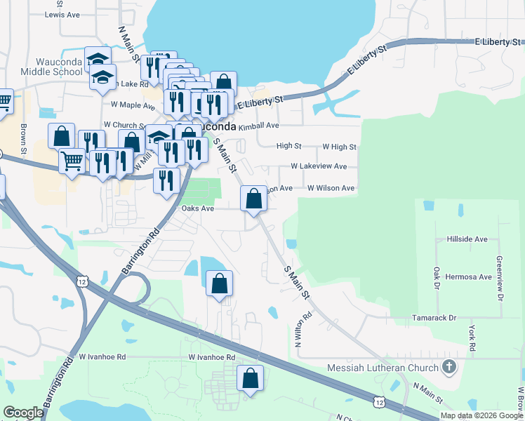 map of restaurants, bars, coffee shops, grocery stores, and more near 26921 Main Street in Wauconda