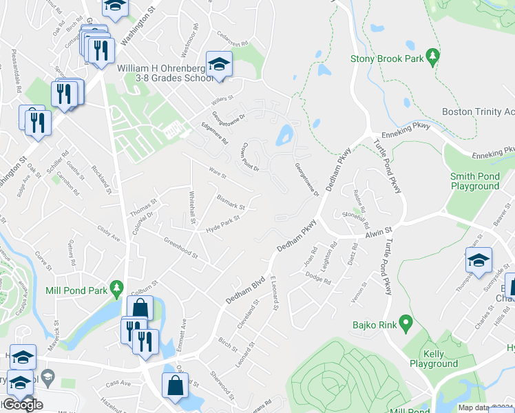 map of restaurants, bars, coffee shops, grocery stores, and more near 20 Hyde Park Street in Dedham