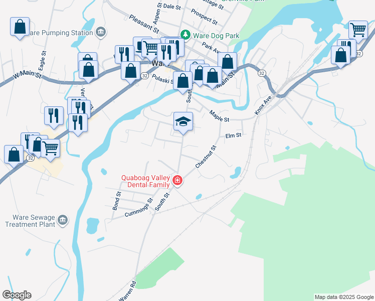 map of restaurants, bars, coffee shops, grocery stores, and more near 66 South Street in Ware