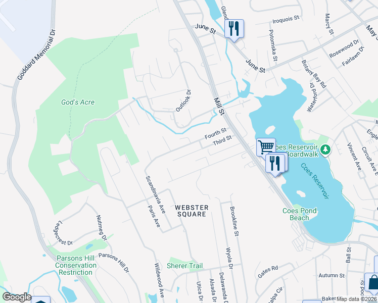 map of restaurants, bars, coffee shops, grocery stores, and more near 36 3rd Street in Worcester