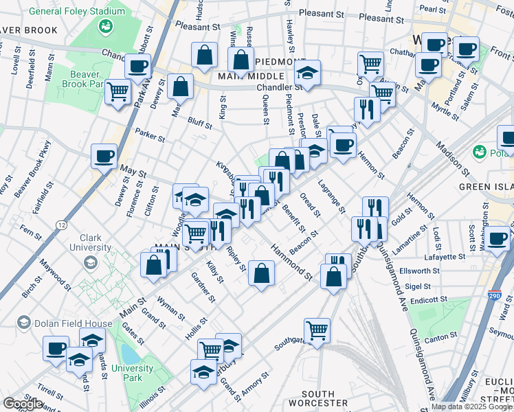 map of restaurants, bars, coffee shops, grocery stores, and more near 838 Main Street in Worcester