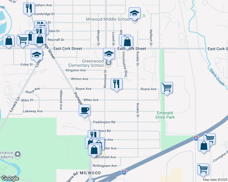 map of restaurants, bars, coffee shops, grocery stores, and more near 1832 Royce Avenue in Kalamazoo