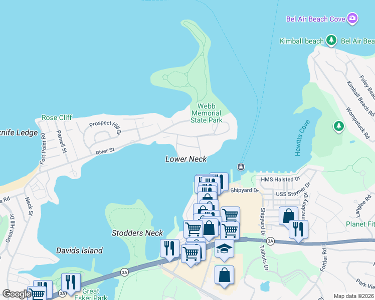 map of restaurants, bars, coffee shops, grocery stores, and more near 61 Broad Reach in Weymouth