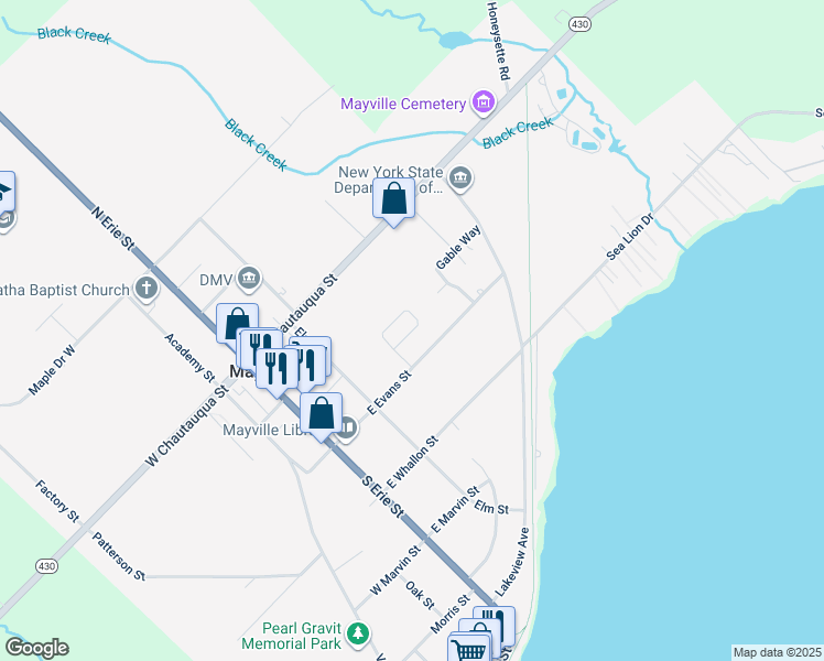 map of restaurants, bars, coffee shops, grocery stores, and more near 40 W Evans St in Mayville