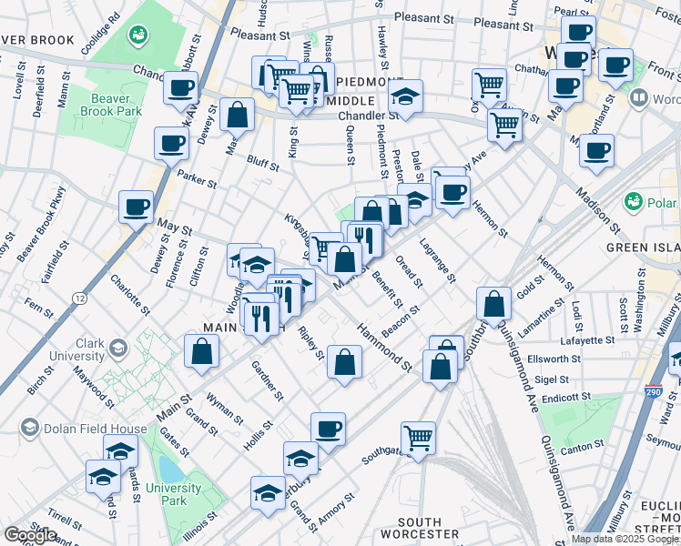 map of restaurants, bars, coffee shops, grocery stores, and more near 838 Main Street in Worcester