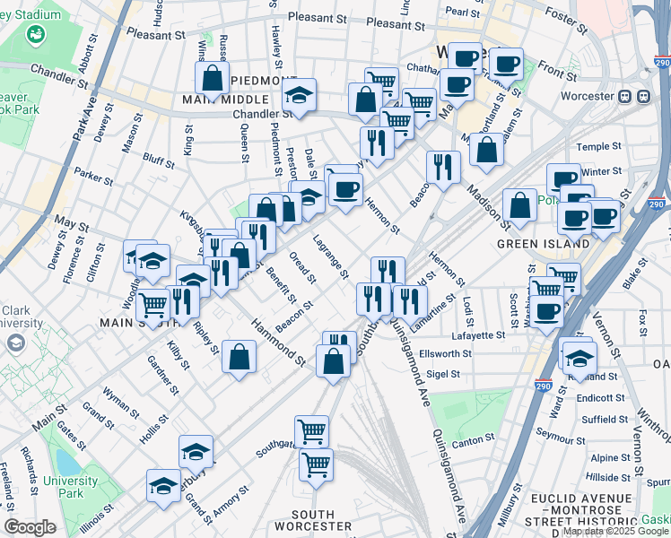 map of restaurants, bars, coffee shops, grocery stores, and more near 22 Lagrange Street in Worcester