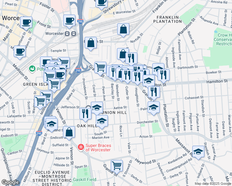 map of restaurants, bars, coffee shops, grocery stores, and more near 14 Mendon Street in Worcester
