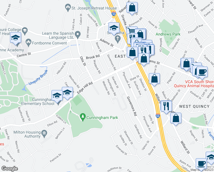 map of restaurants, bars, coffee shops, grocery stores, and more near 28 Webster Road in Milton