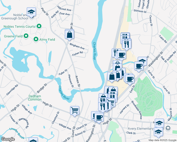 map of restaurants, bars, coffee shops, grocery stores, and more near 47 Clough Road in Dedham