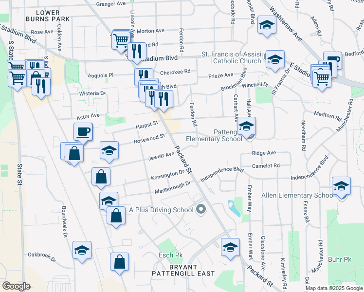 map of restaurants, bars, coffee shops, grocery stores, and more near 2229 Packard Street in Ann Arbor