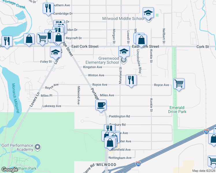 map of restaurants, bars, coffee shops, grocery stores, and more near 1610 Royce Avenue in Kalamazoo