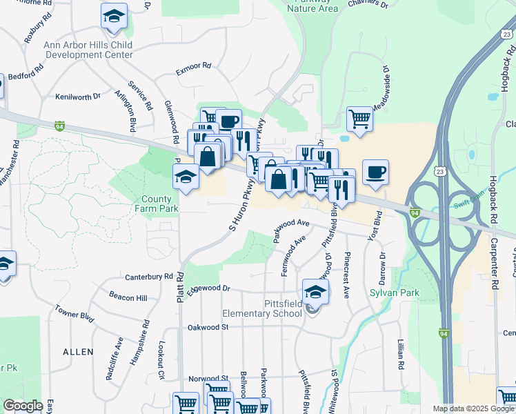 map of restaurants, bars, coffee shops, grocery stores, and more near 2201 South Huron Parkway in Ann Arbor