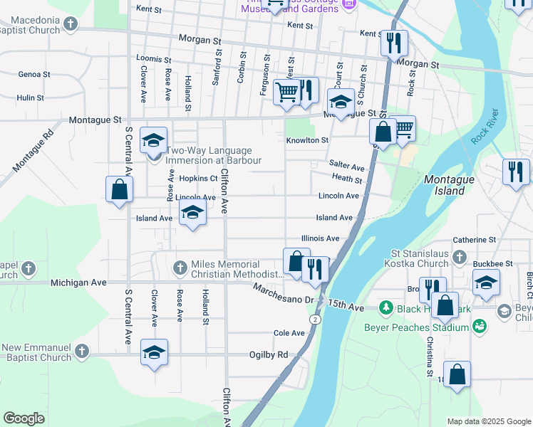 map of restaurants, bars, coffee shops, grocery stores, and more near 721 Island Avenue in Rockford