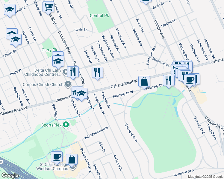 map of restaurants, bars, coffee shops, grocery stores, and more near 1093 Cabana Road West in Windsor