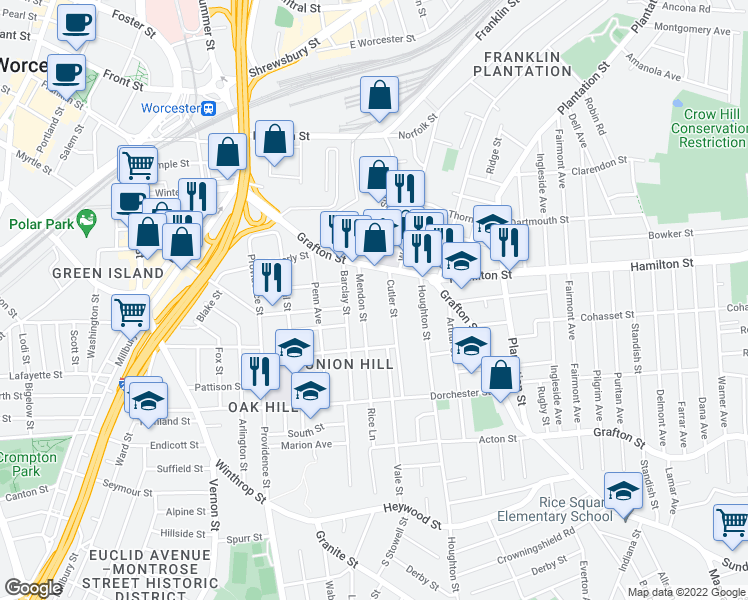 map of restaurants, bars, coffee shops, grocery stores, and more near 13 Mendon Street in Worcester