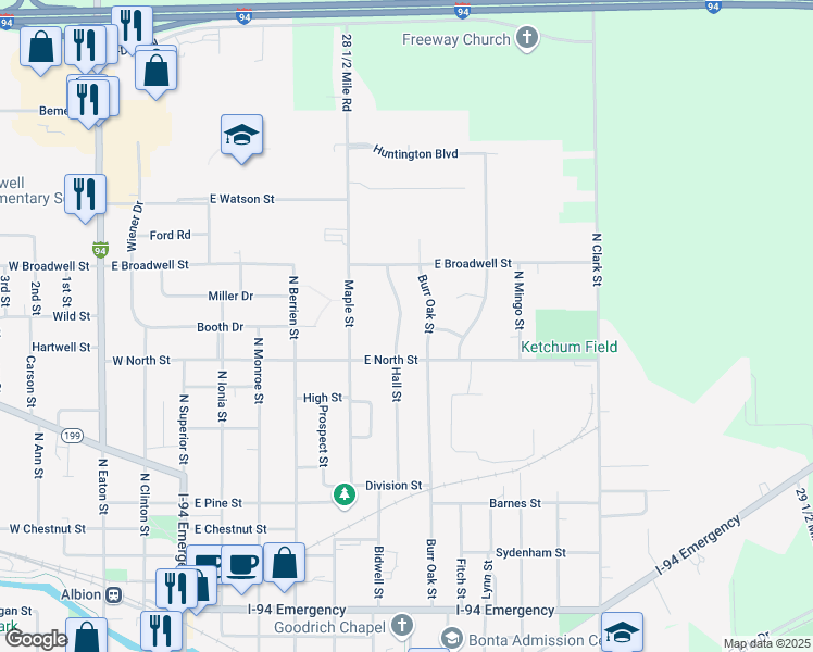 map of restaurants, bars, coffee shops, grocery stores, and more near 1008 Hall Street in Albion