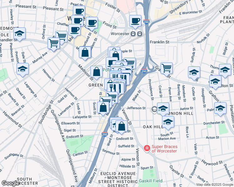 map of restaurants, bars, coffee shops, grocery stores, and more near 1 Kelley Square in Worcester