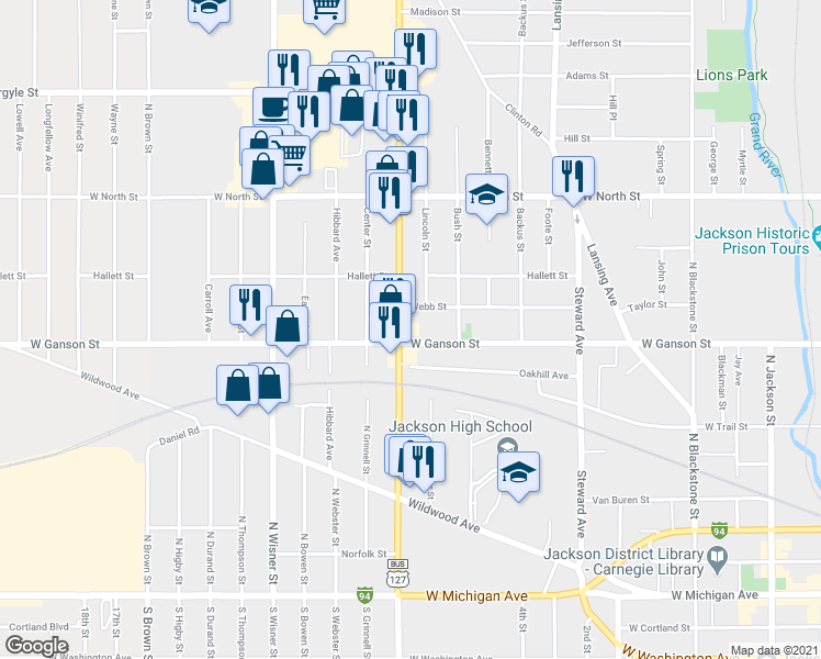 map of restaurants, bars, coffee shops, grocery stores, and more near 605 North West Avenue in Jackson