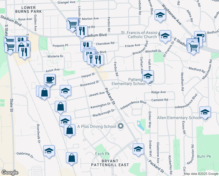 map of restaurants, bars, coffee shops, grocery stores, and more near 2229 Packard Street in Ann Arbor
