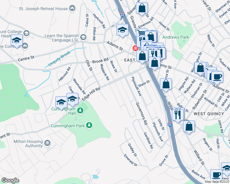 map of restaurants, bars, coffee shops, grocery stores, and more near 28 Webster Road in Milton