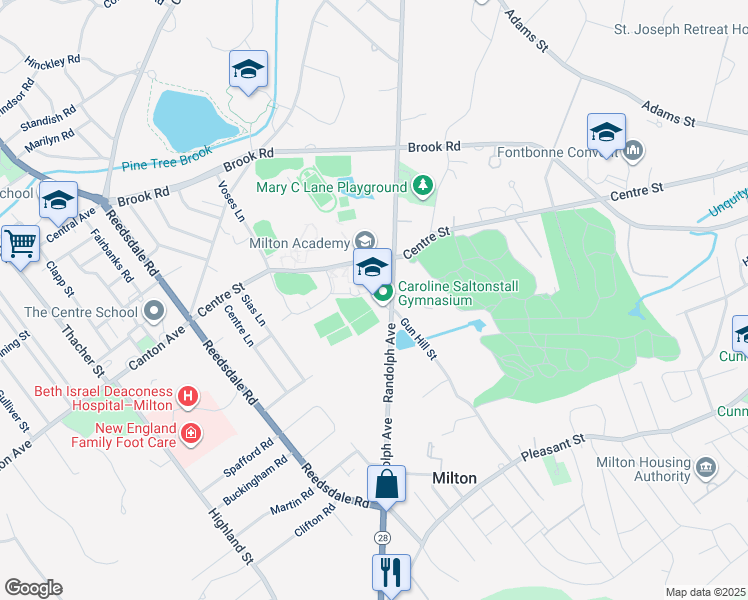 map of restaurants, bars, coffee shops, grocery stores, and more near 170 Centre Street in Milton