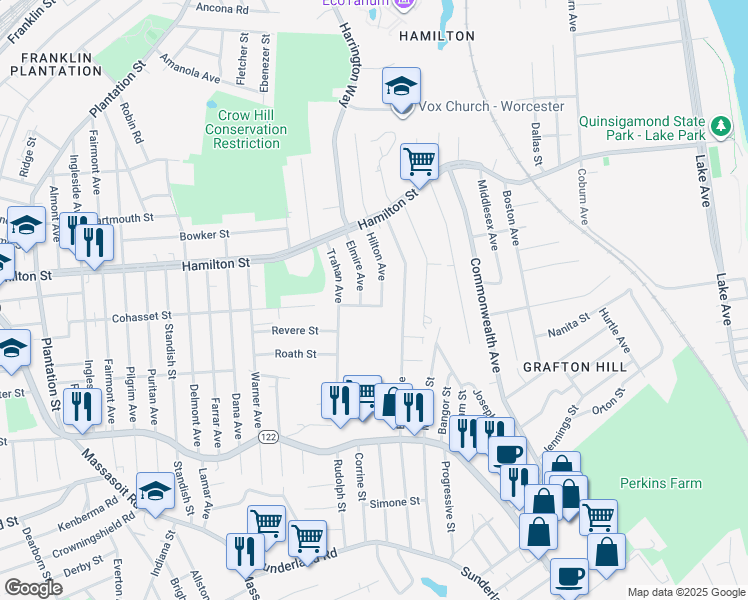 map of restaurants, bars, coffee shops, grocery stores, and more near 239 Cohasset Street in Worcester