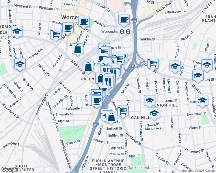 map of restaurants, bars, coffee shops, grocery stores, and more near 1 Kelley Square in Worcester