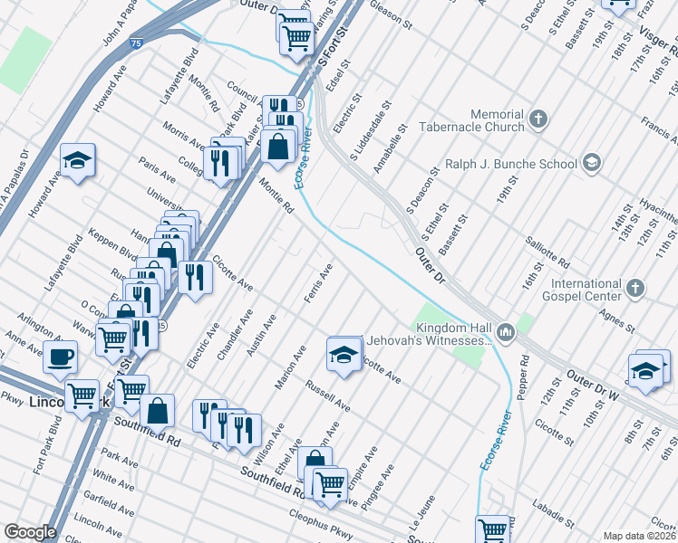 map of restaurants, bars, coffee shops, grocery stores, and more near 1233 Ferris Avenue in Lincoln Park