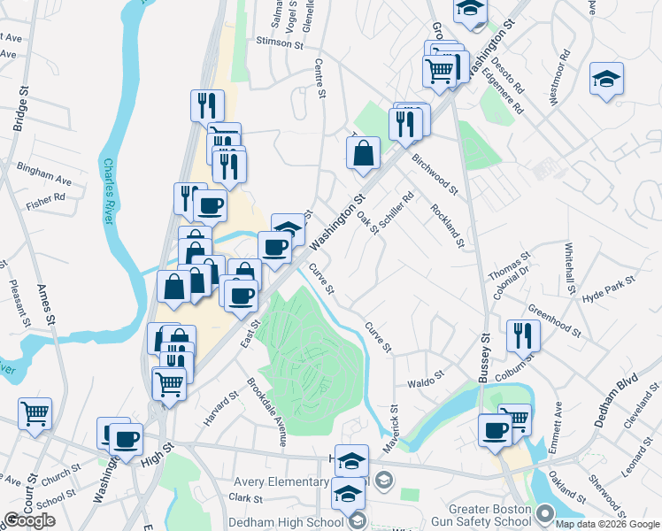 map of restaurants, bars, coffee shops, grocery stores, and more near 3 Columbia Terrace in Dedham
