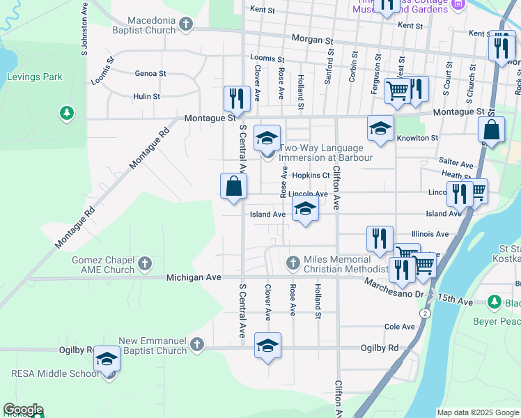 map of restaurants, bars, coffee shops, grocery stores, and more near 1203 Island Avenue in Rockford