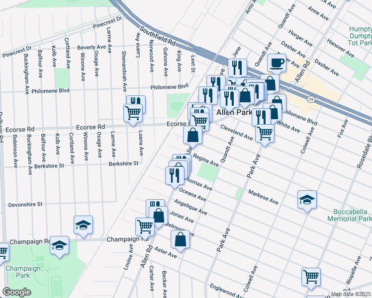 map of restaurants, bars, coffee shops, grocery stores, and more near 16129 Regina Avenue in Allen Park