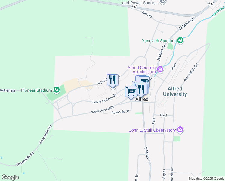 map of restaurants, bars, coffee shops, grocery stores, and more near 10 Upper College Drive in Alfred