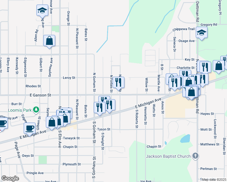map of restaurants, bars, coffee shops, grocery stores, and more near 205 North Forbes Street in Jackson