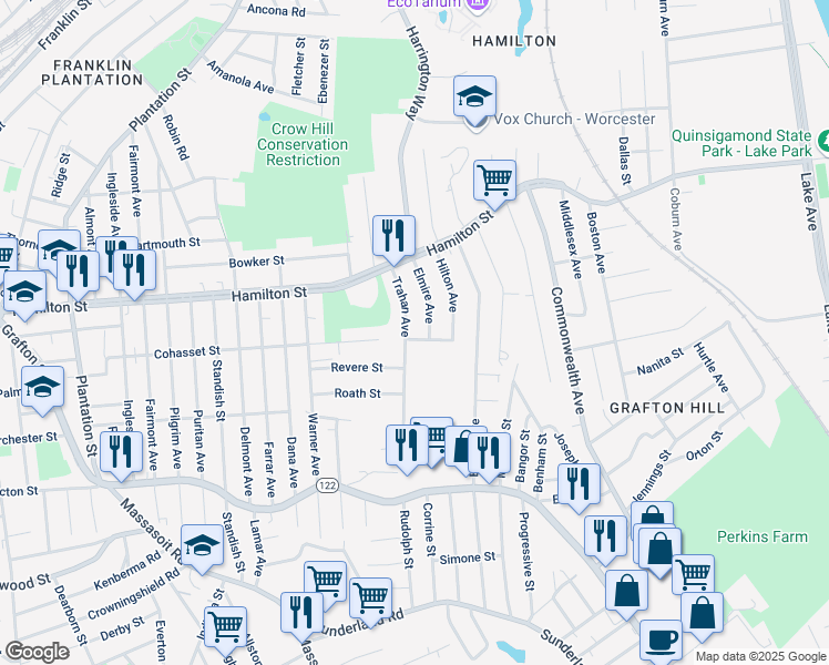 map of restaurants, bars, coffee shops, grocery stores, and more near 221 Cohasset Street in Worcester