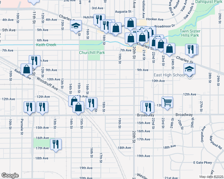 map of restaurants, bars, coffee shops, grocery stores, and more near 2225 11th Avenue in Rockford