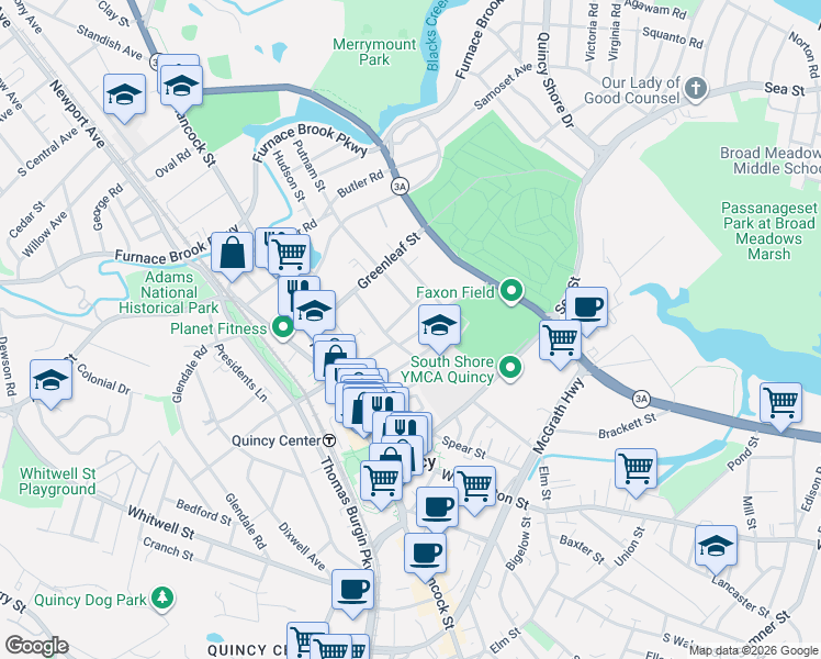 map of restaurants, bars, coffee shops, grocery stores, and more near 10 Edgewood Circle in Quincy